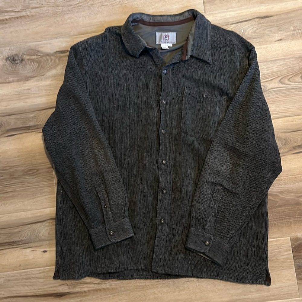 Dark colored woven button-down dress shirt from The Territory Ahead